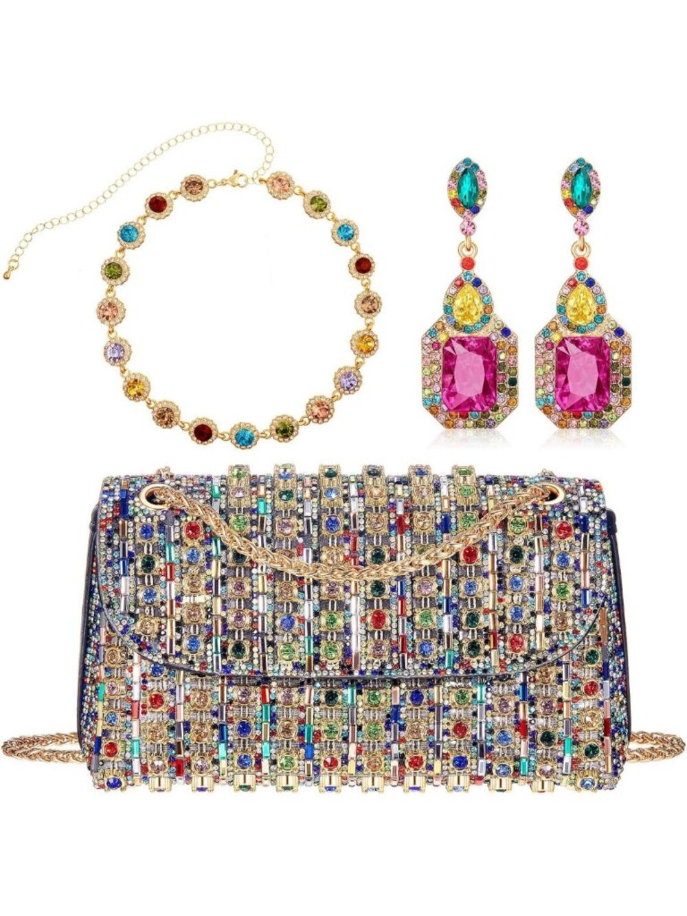 3-Piece Multicolor Rhinestone Jewelry Set: Clutch, Earrings & Necklace